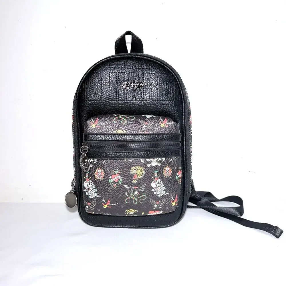 Ed Hardy Black Faux Leather Tattoo Print Mini Backpack/Sling Crossbody Bag NWT